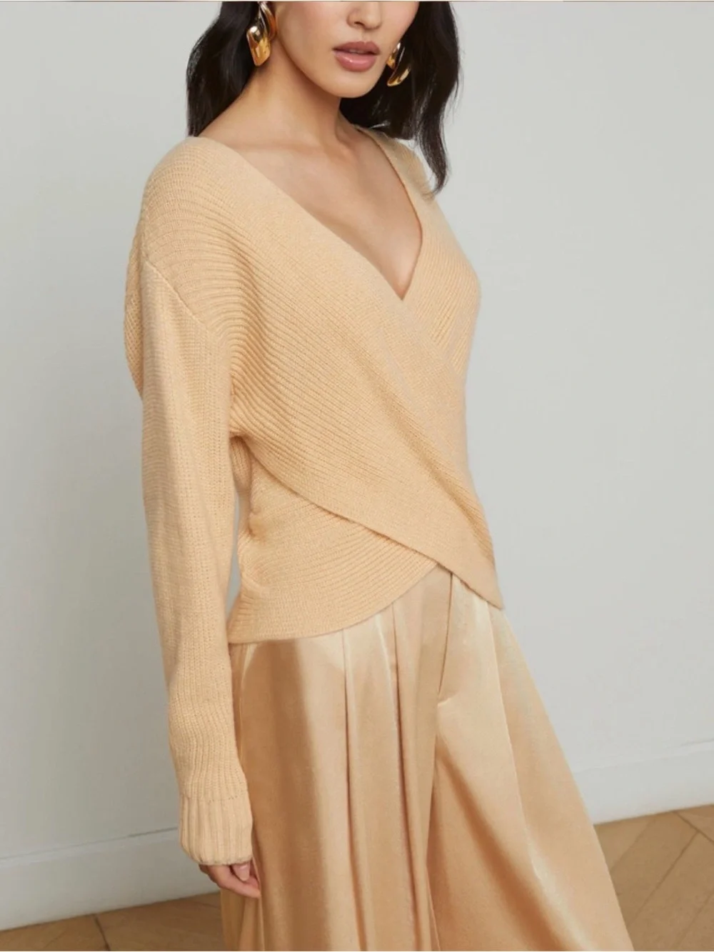 L'AGENCE Antonella Crossover Wrap Sweater Tan Sand Size M Wool Blend Knit